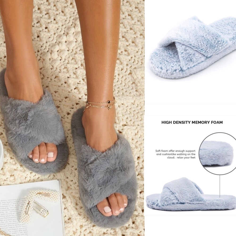 New Fluffy Criss Cross Faux Fur Two Tone Slippers